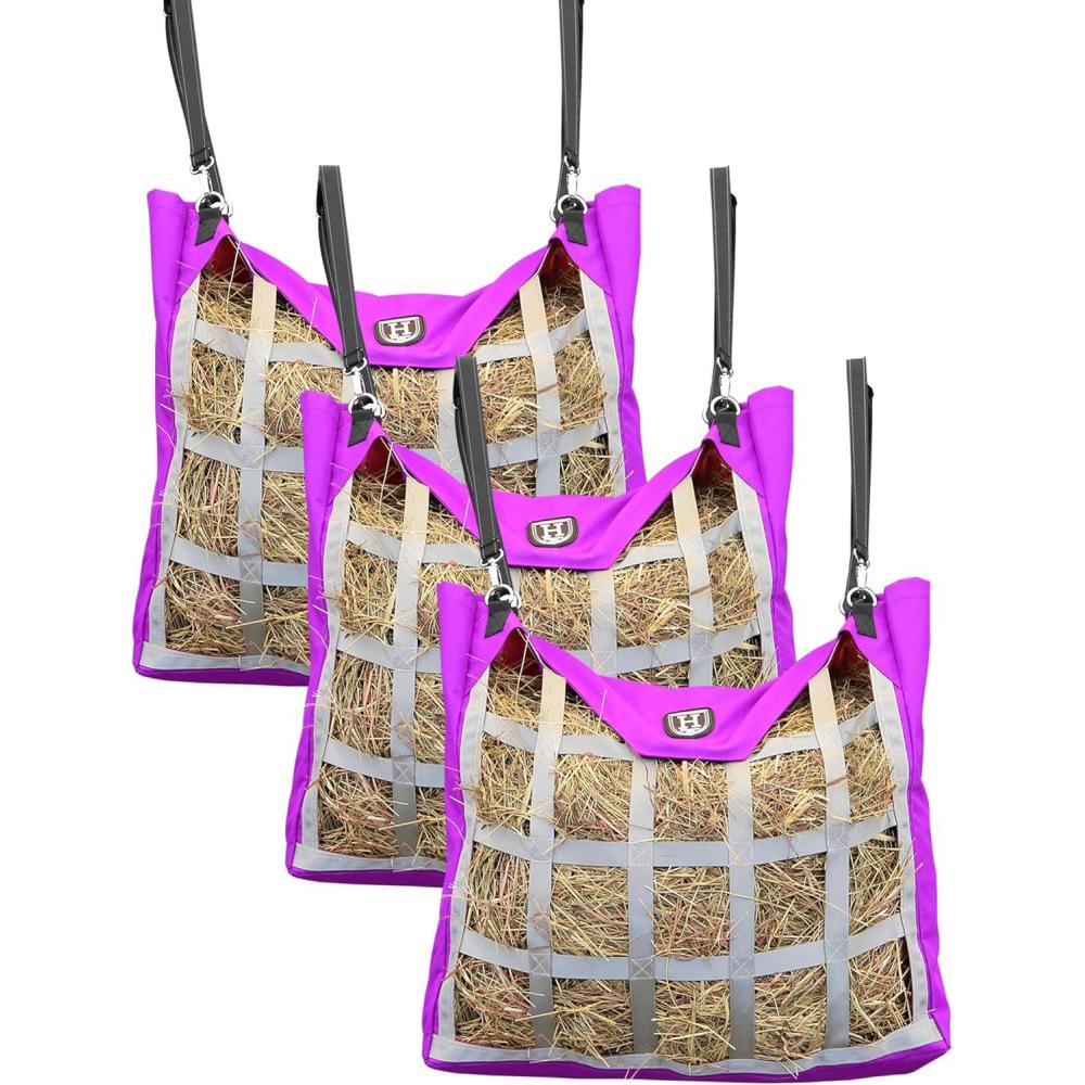 imageHarrison Howard Premium Durable Horse Hay Bag Slow Feed Hay Bag Waterproof Fabric Large Capacity Horse Tote 3pcs RedPurple