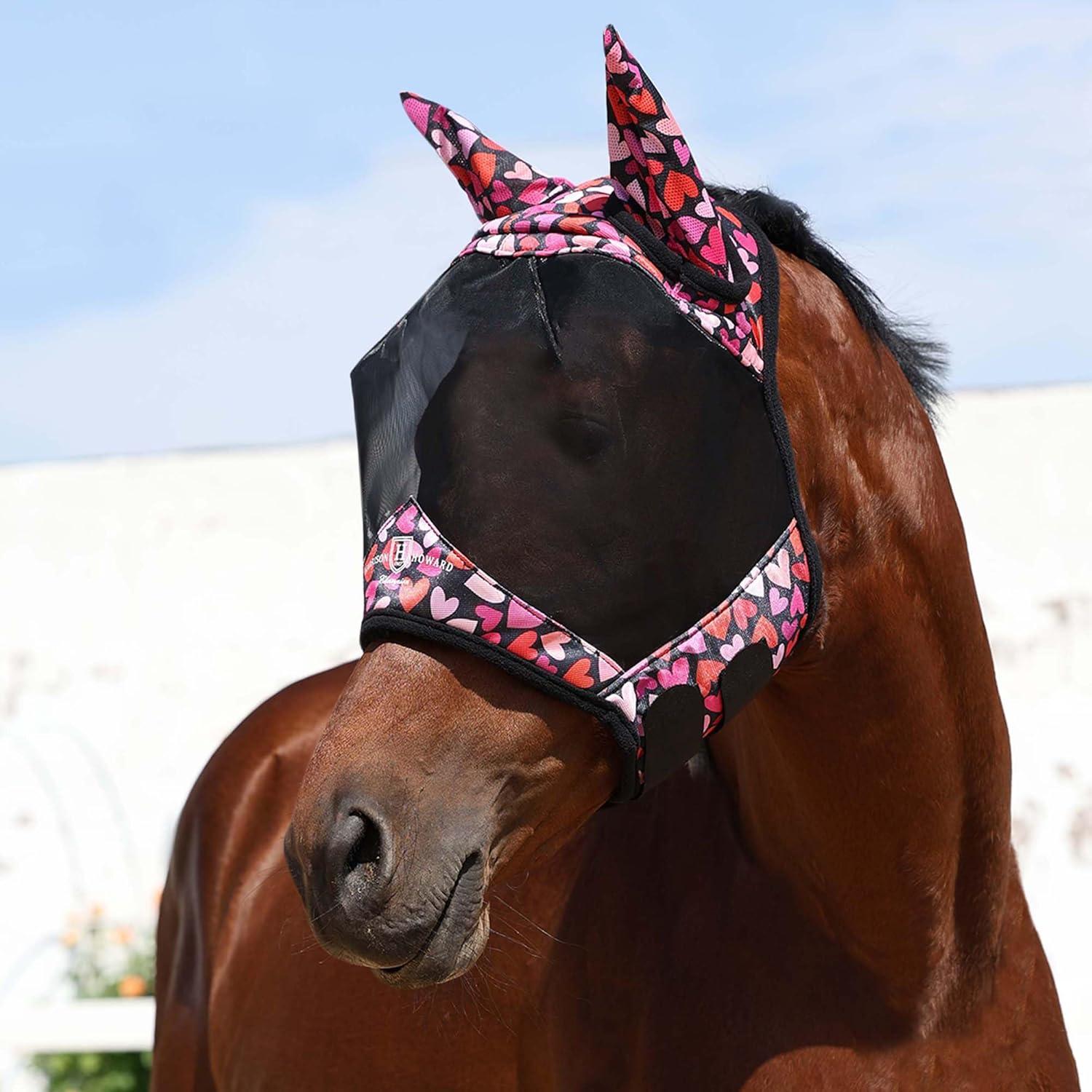 imageHarrison Howard Pro LumiVista Horse Half Face Fly Mask Large Eye Space with Ears UV Protection for Horse Cute Hearts LCute Hearts