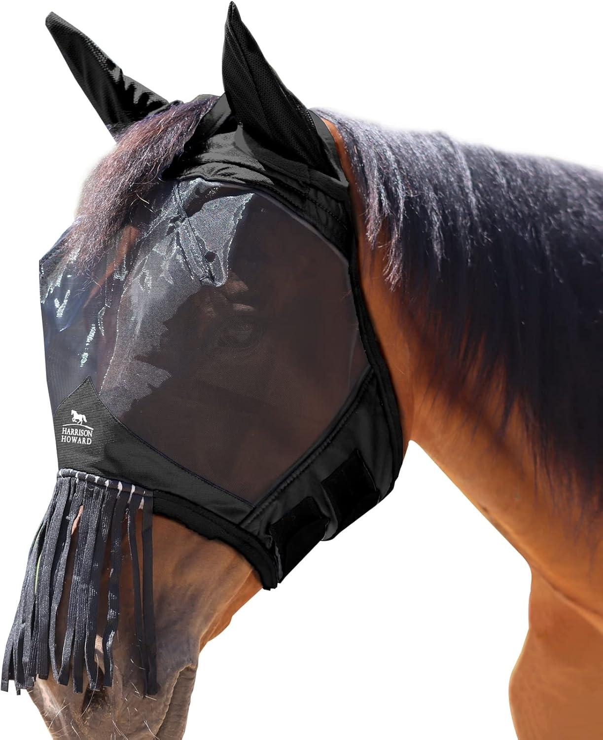 image:imageHarrison Howard CareMaster Horse Fly mask with Ears and Nose Fringe Fly Protector Defender Mask Light Pink Full SizePiano Black