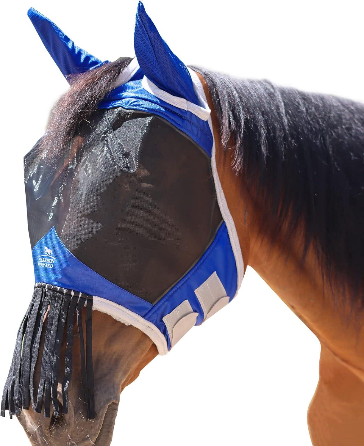 image:imageHarrison Howard CareMaster Horse Fly mask with Ears and Nose Fringe Fly Protector Defender Mask Light Pink Full SizeSignature Blue