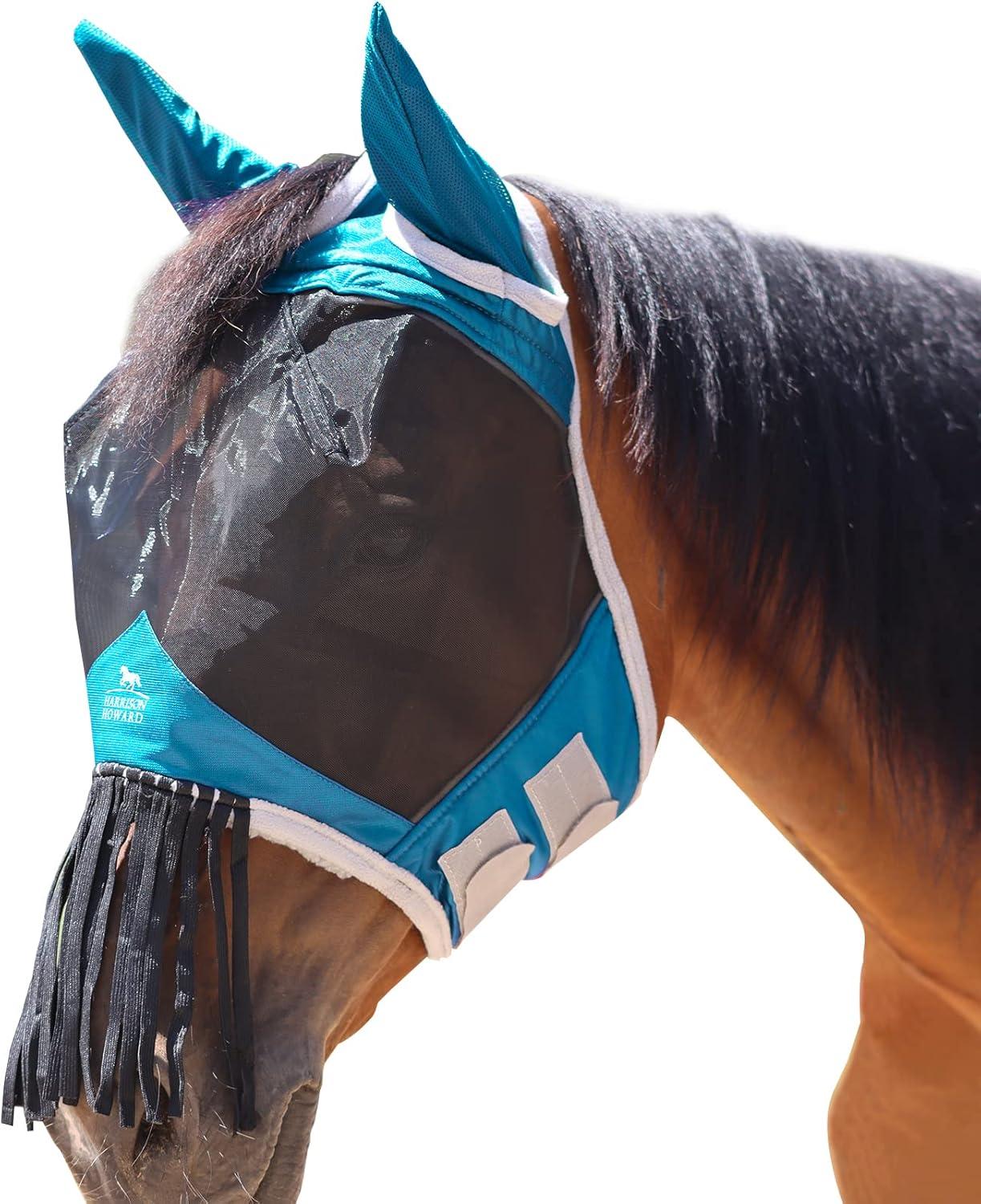 image:imageHarrison Howard CareMaster Horse Fly mask with Ears and Nose Fringe Fly Protector Defender Mask Light Pink Full SizeSky Blue
