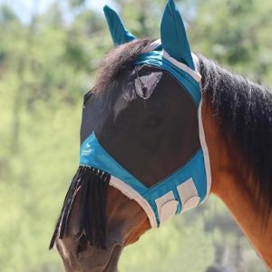 Harrison Howard CareMaster Horse Fly mask with Ears and Nose Fringe Fly Protector Defender Mask Light Pink Full Size(Sky Blue)