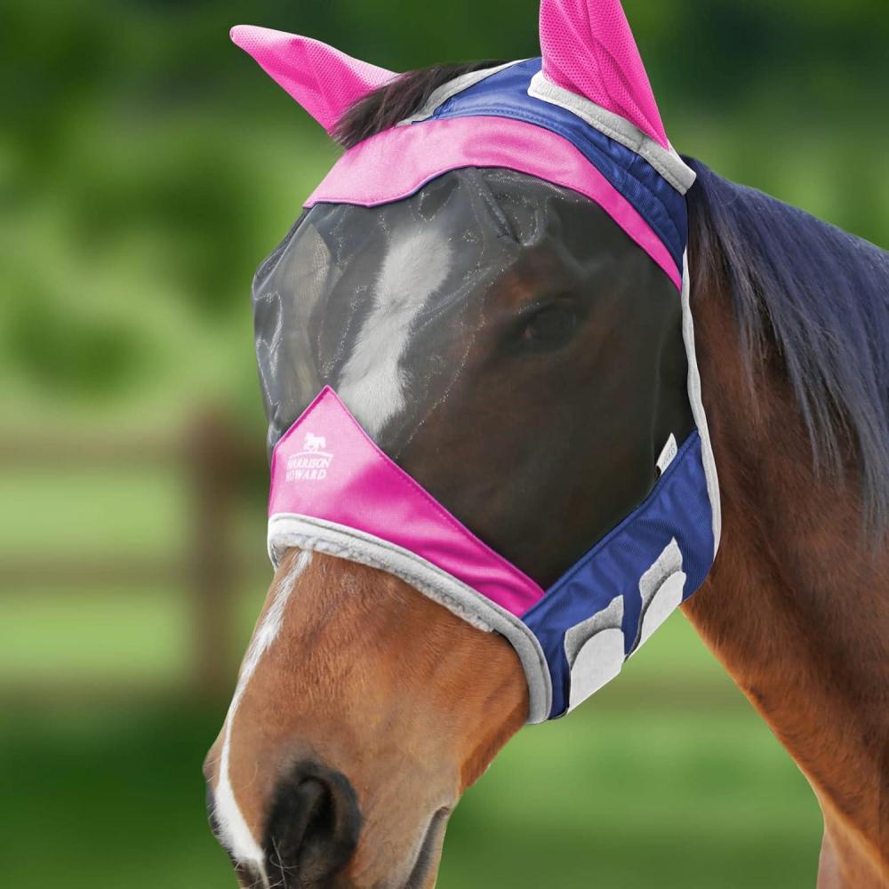 image:imageHarrison Howard Luxe DualTone Horse Fly Mask Half Face with Ears Fully Visible UVBlocking Fine Mesh Soft Fleece Edging for Extra Comfort FuchsiaNavy L Full SizeFuchsiaNavy