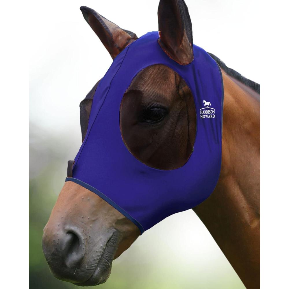 image:imageHarrison Howard Super Comfort Stretchy Fly Mask Large Eye Space with UV Protection Soft on Skin with Breathability Fly Mask Amethyst Cob MediumNavy Blue