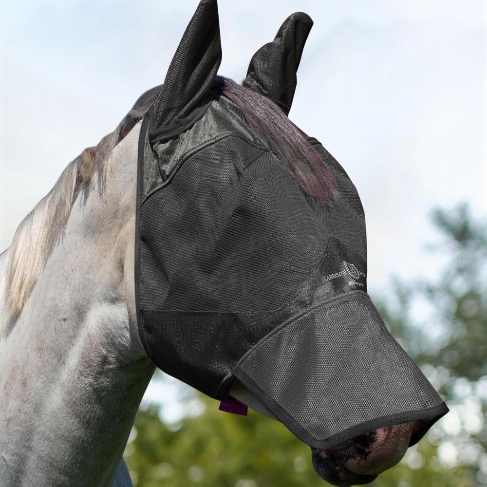 image:imageHarrison Howard UVProof Forelock Opening Reliable Protection Horse Fly Mask Long Nose with Ears Black Horse LargeBlack