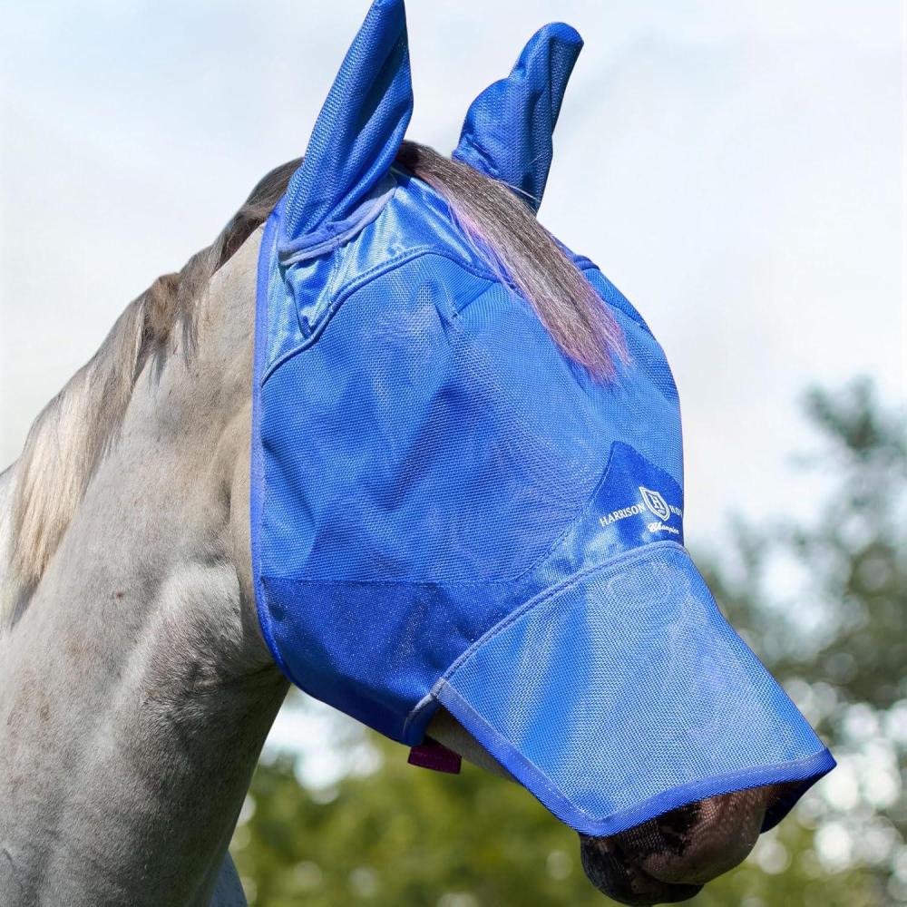 image:imageHarrison Howard UVProof Forelock Opening Reliable Protection Horse Fly Mask Long Nose with Ears Black Horse LargeSignature Blue