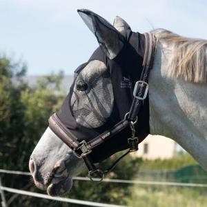 Harrison Howard Super Comfort Stretchy Fly Mask Large Eye Space with UV Protection Soft on Skin with Breathability Fly Mask -Amethyst Cob (Medium)(Piano Black)