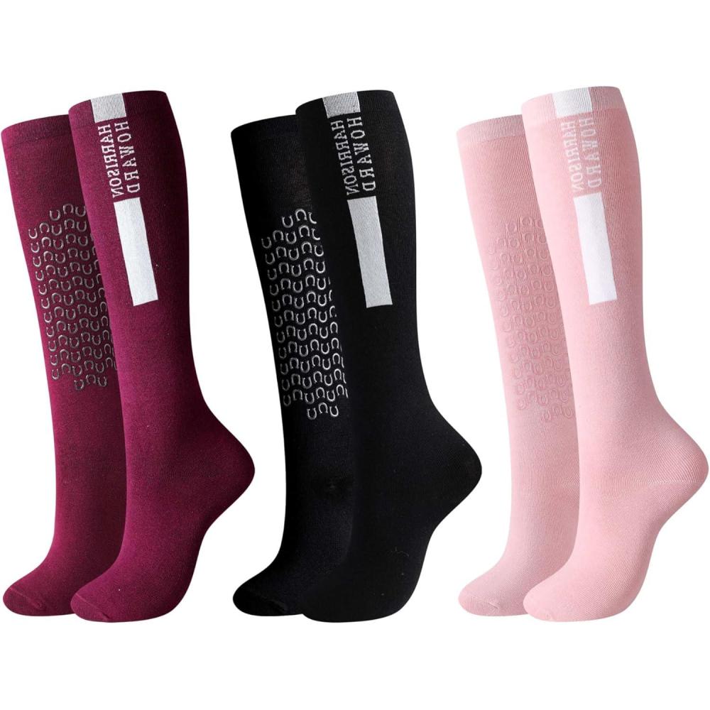 image:imageHarrison Howard Equestrian KneeHigh Socks 3Pairs MoistureWicking Silicone AntiSlip Compatible with Long BootsShort BootsPinkPlumBlack