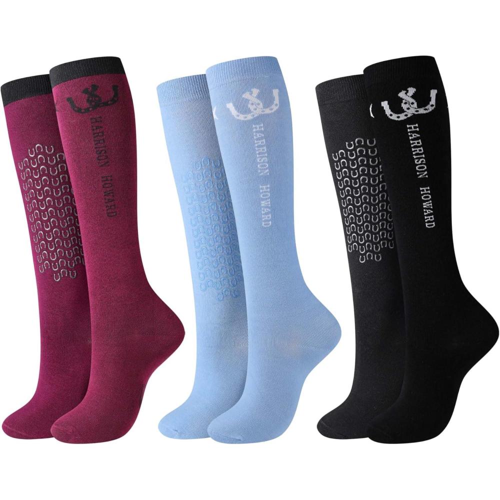 image:imageHarrison Howard Equestrian KneeHigh Socks 3Pairs MoistureWicking Silicone AntiSlip Compatible with Long BootsShort BootsPlumAzureBlack