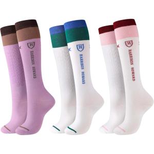Harrison Howard Equestrian Knee-High Socks 3-Pairs Moisture-Wicking Silicone Anti-Slip Compatible with Long Boots/Short Boots(Plum-white/Blue-white/Pink)