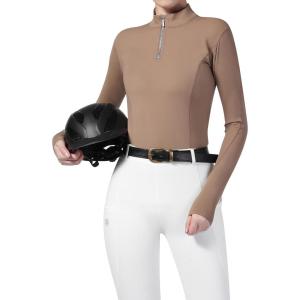 Harrison Howard Women’s Horse Riding Shirts Long Sleeve Rider Top Stand Collar with Embroidery Equestrian Show Shirts(Beige)