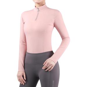 Harrison Howard Women’s Horse Riding Shirts Long Sleeve Rider Top Stand Collar with Embroidery Equestrian Show Shirts(Peachy Beige)
