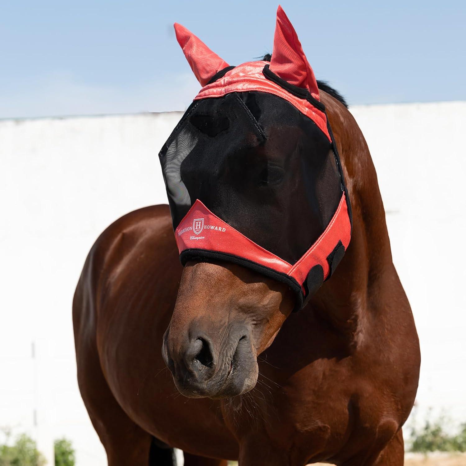 image:imageHarrison Howard Pro Luminous Horse Half Face Fly Mask Large Eye Space with Ears UV Protection for Horse Teal MCoral Orange