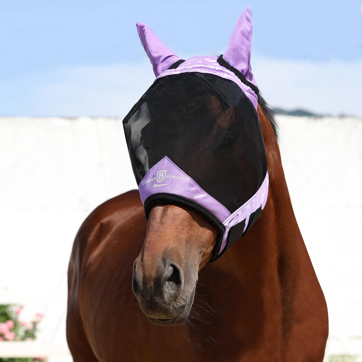 image:imageHarrison Howard Pro Luminous Horse Half Face Fly Mask Large Eye Space with Ears UV Protection for Horse Teal MGentle Lavendar