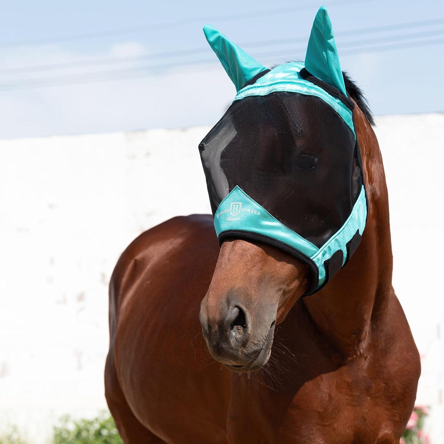 image:imageHarrison Howard Pro Luminous Horse Half Face Fly Mask Large Eye Space with Ears UV Protection for Horse Teal MTeal
