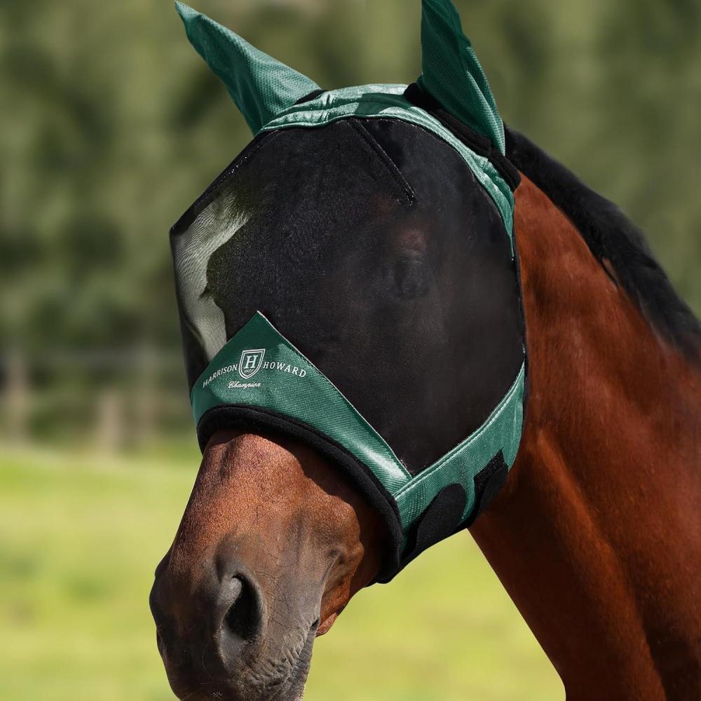 image:imageHarrison Howard Pro Luminous Horse Half Face Fly Mask Large Eye Space with Ears UV Protection for Horse Teal MHunter Green