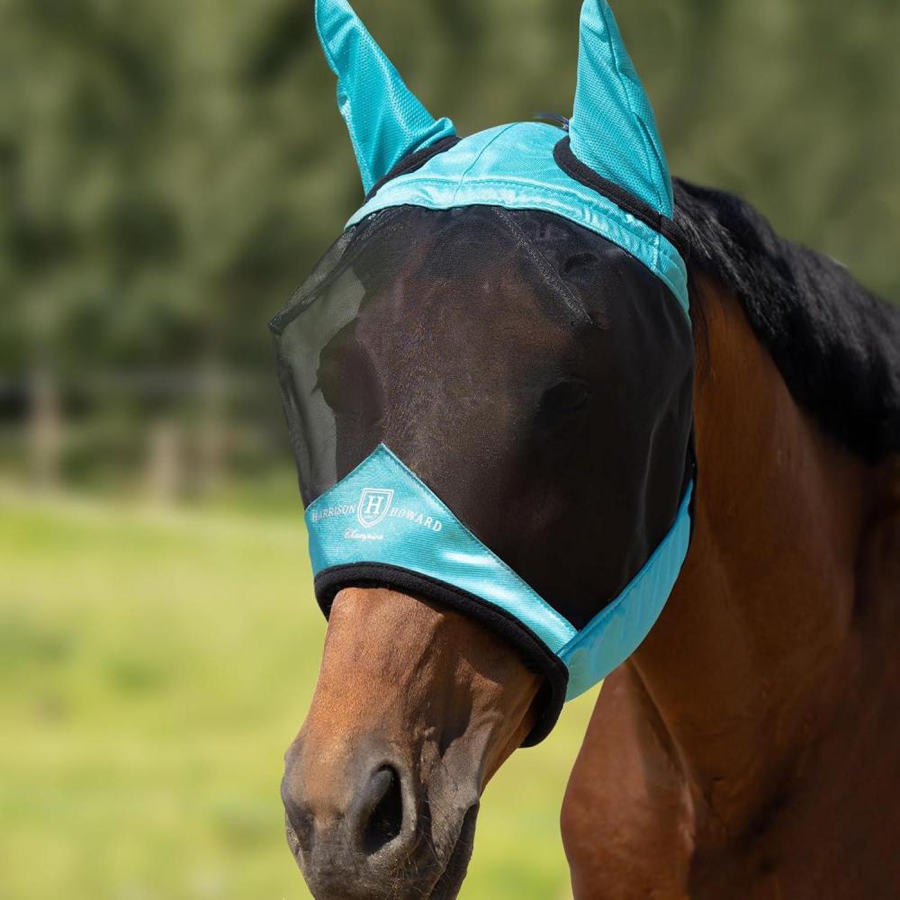 image:imageHarrison Howard Pro Luminous Horse Half Face Fly Mask Large Eye Space with Ears UV Protection for Horse Teal MTeal