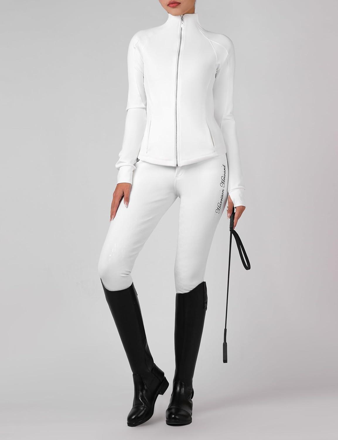 image:imageHarrison Howard Long Sleeve Equestrian Shirt Thermal Zip Jacket wFleece Interior Horse Riding Top with Extended ThumbholesWhite