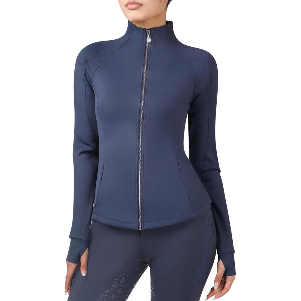image:imageHarrison Howard Long Sleeve Equestrian Shirt Thermal Zip Jacket wFleece Interior Horse Riding Top with Extended ThumbholesNavy