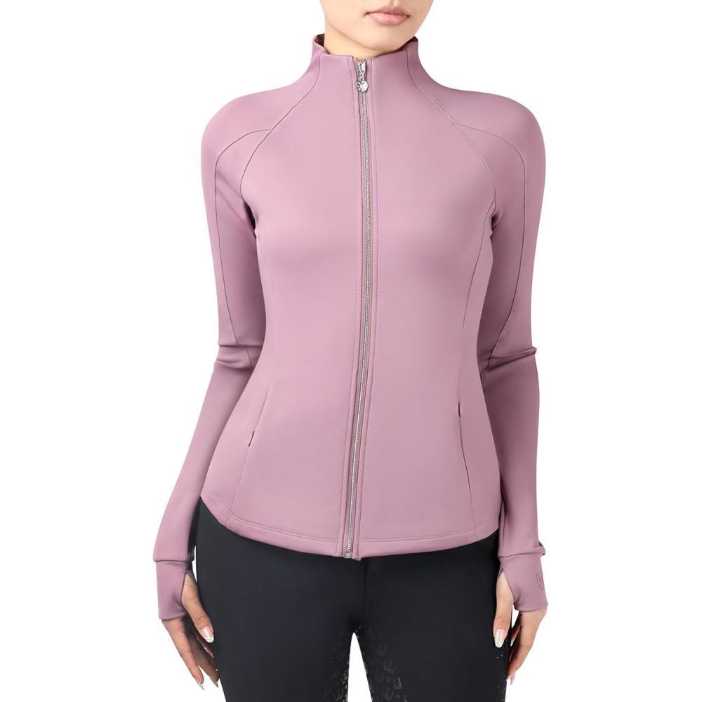 image:imageHarrison Howard Long Sleeve Equestrian Shirt Thermal Zip Jacket wFleece Interior Horse Riding Top with Extended ThumbholesPlum