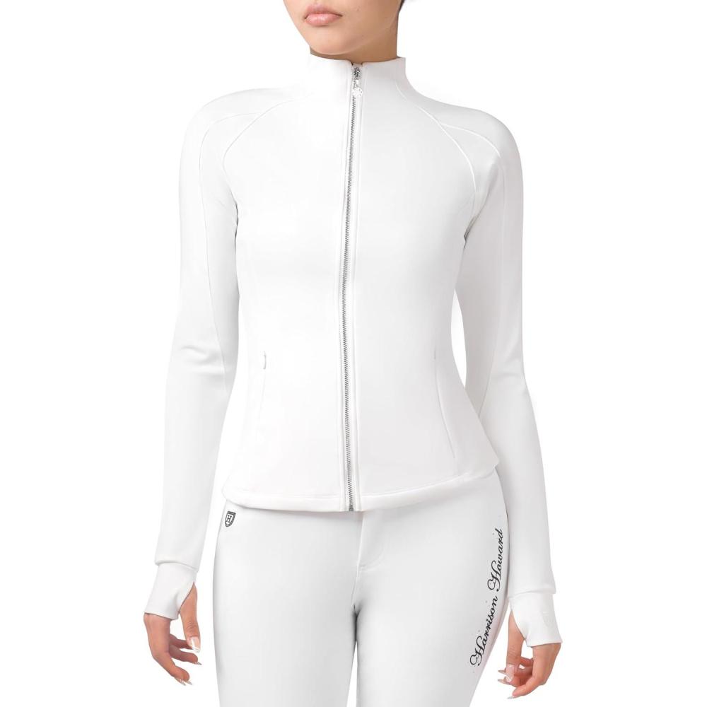 image:imageHarrison Howard Long Sleeve Equestrian Shirt Thermal Zip Jacket wFleece Interior Horse Riding Top with Extended ThumbholesWhite