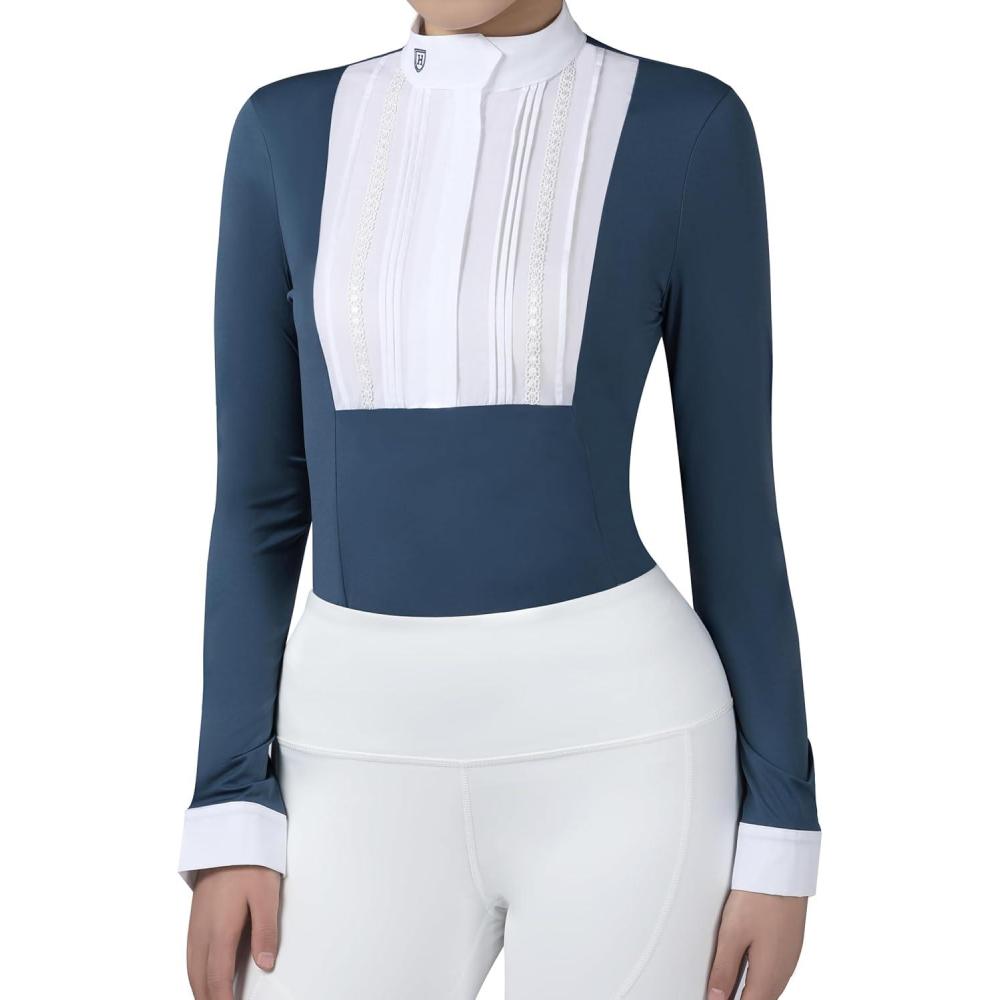 image:imageHarrison Howard Pleated Bib Rider Top Horse Riding Shirt Long Sleeve Riding Show Shirt with Lace TrimsPeacock Blue