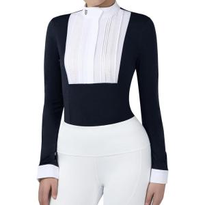 Harrison Howard Pleated Bib Rider Top Horse Riding Shirt Long Sleeve Riding Show Shirt with Lace Trims(Navy)