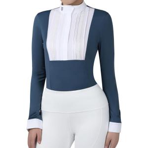 Harrison Howard Pleated Bib Rider Top Horse Riding Shirt Long Sleeve Riding Show Shirt with Lace Trims(Peacock Blue)