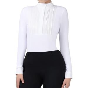 Harrison Howard Pleated Bib Rider Top Horse Riding Shirt Long Sleeve Riding Show Shirt with Lace Trims(White)
