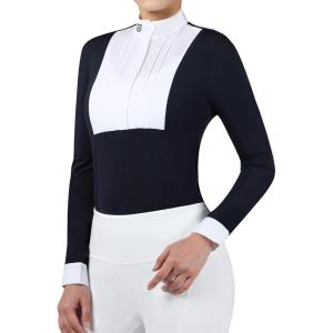 Harrison Howard Women’s Equestrian Show Shirt Long Sleeve Pleated Bib Competition Horse Riding Top with Embroidery(Navy)