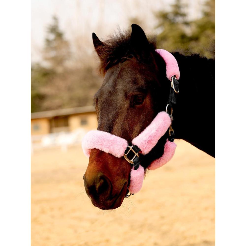 image:imageHarrison Howard Fleece Halter Covers for Horses Set of 9 Prevent Hair Loss Pressure Marks Padded Horse Halter Fleece Set BlackPastel Pink