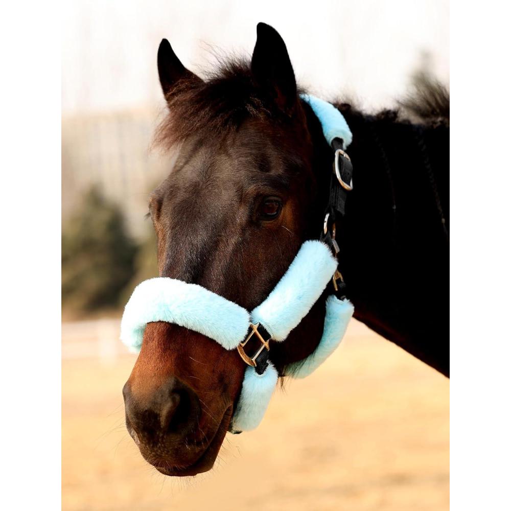image:imageHarrison Howard Fleece Halter Covers for Horses Set of 9 Prevent Hair Loss Pressure Marks Padded Horse Halter Fleece Set BlackSky Blue