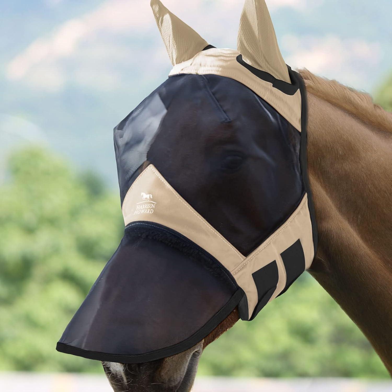 image:imageHarrison Howard Pro Luminous Horse Fly Mask Large Eye Space Full Face UV Protection for Horse Coral OrangeNavy SLight Champagne