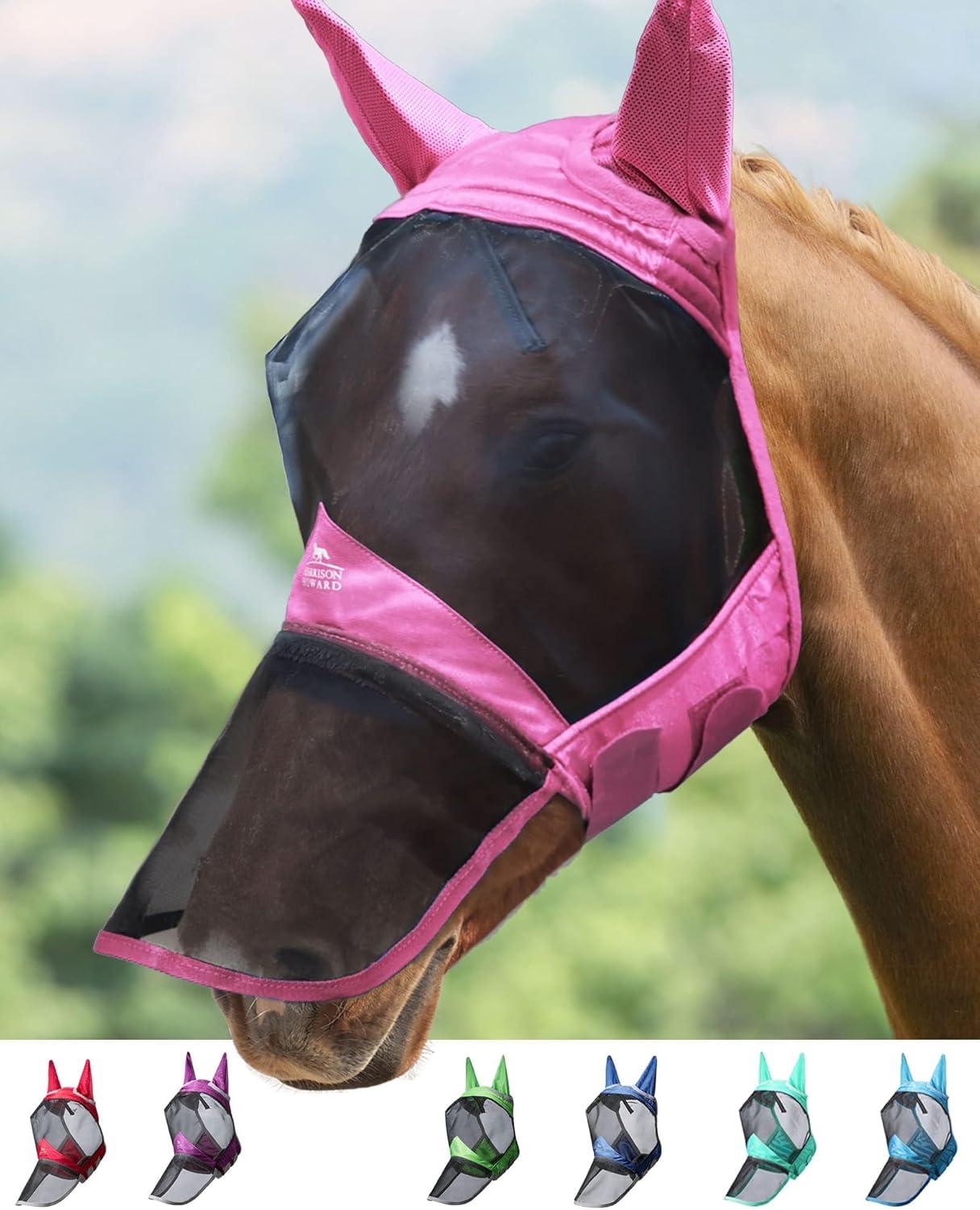 image:imageHarrison Howard Pro Luminous Horse Fly Mask Large Eye Space Full Face UV Protection for Horse Coral OrangeNavy SLight Pink