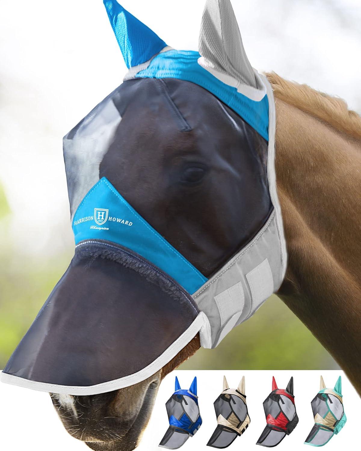 image:imageHarrison Howard Pro Luminous Horse Fly Mask Large Eye Space Full Face UV Protection for Horse Coral OrangeNavy SVoodoo Blue