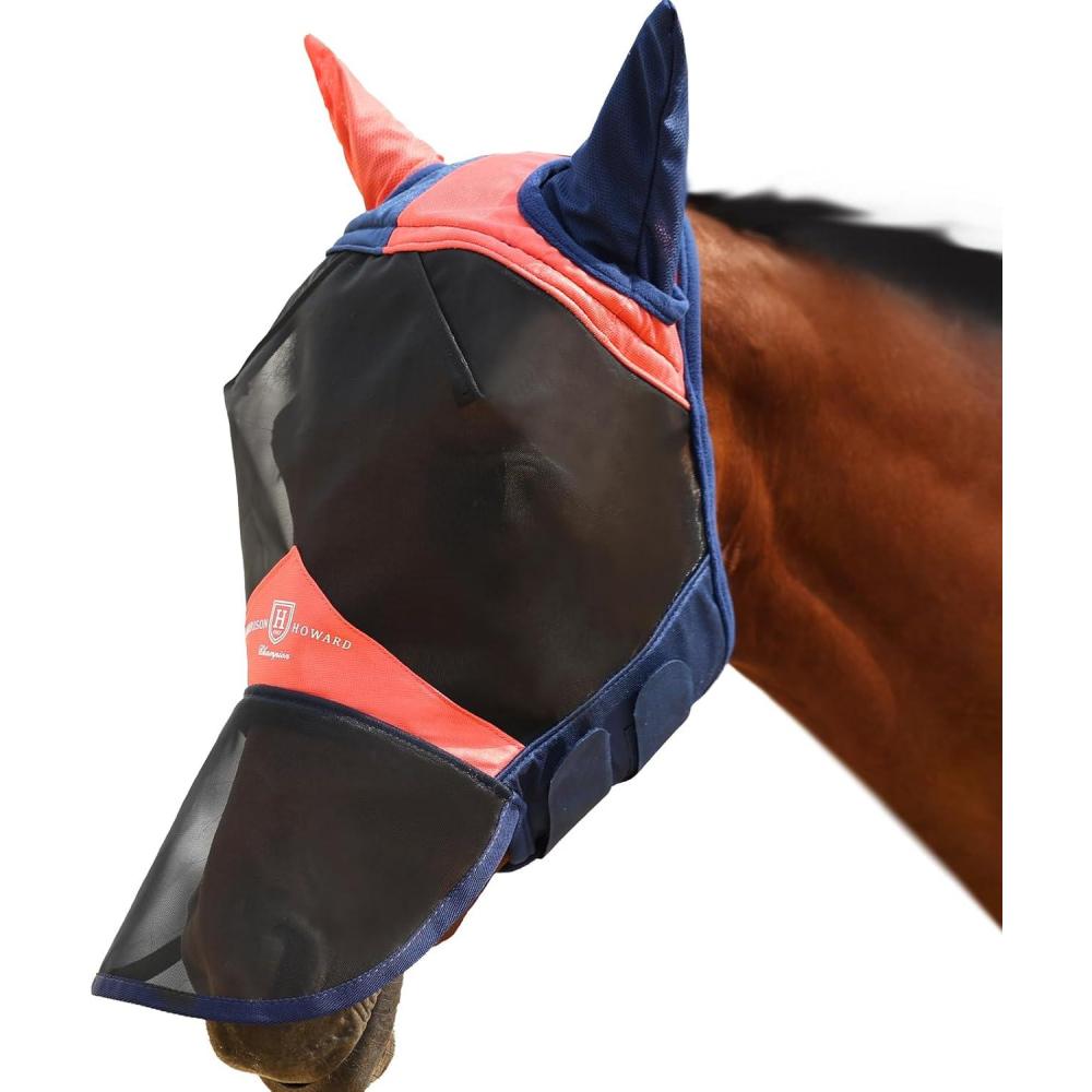 image:imageHarrison Howard Pro Luminous Horse Fly Mask Large Eye Space Full Face UV Protection for Horse Coral OrangeNavy SCoral OrangeNavy