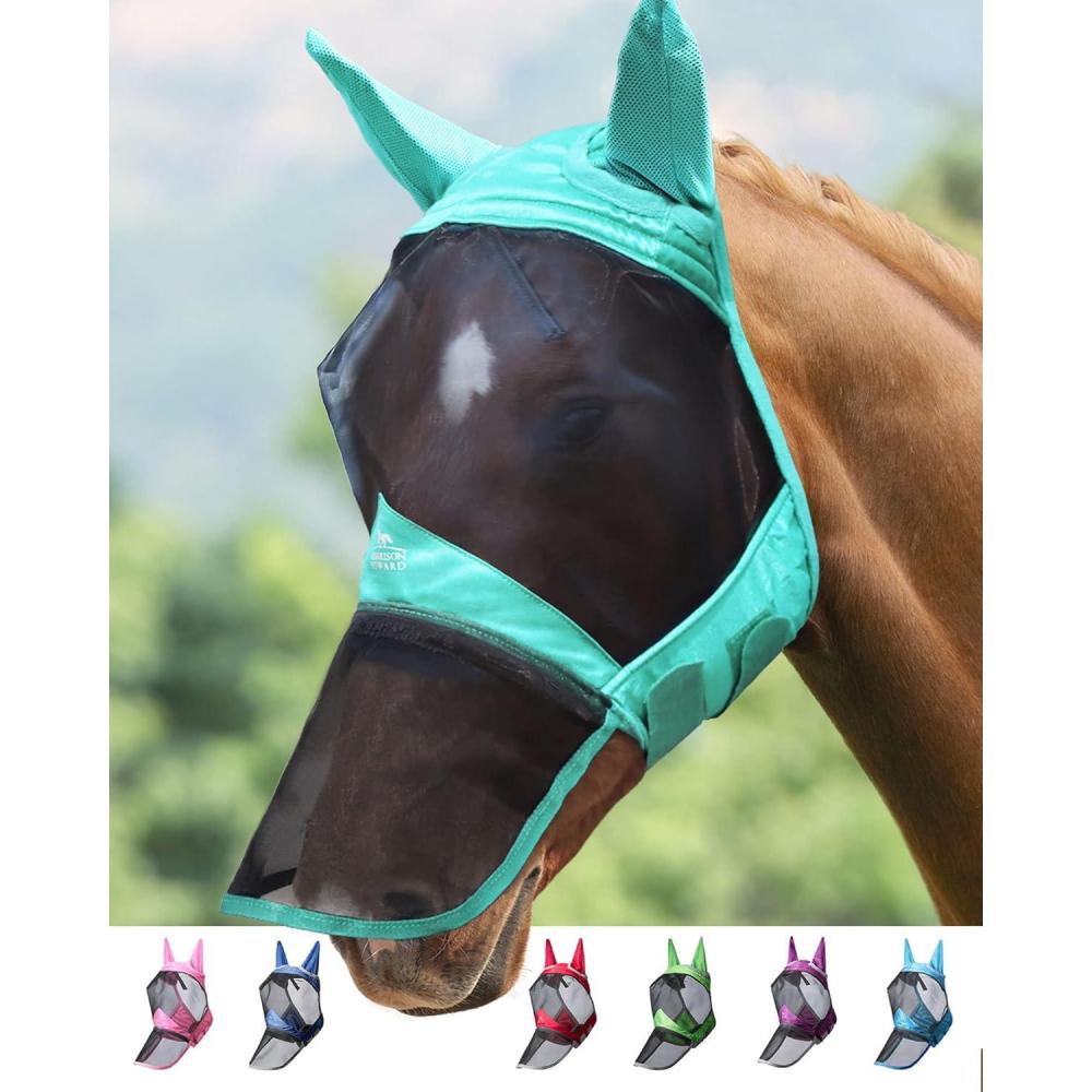 image:imageHarrison Howard Pro Luminous Horse Fly Mask Large Eye Space Full Face UV Protection for Horse Coral OrangeNavy SSummer Mint