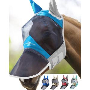 Harrison Howard Pro Luminous Horse Fly Mask Large Eye Space Full Face UV Protection for Horse Coral Orange/Navy S(Azure Blue/Silver)