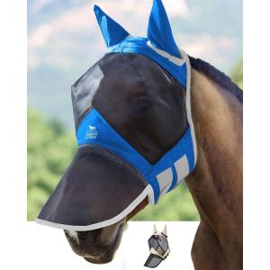 Harrison Howard Pro Luminous Horse Fly Mask Large Eye Space Full Face UV Protection for Horse Coral Orange/Navy S(Signature Blue)