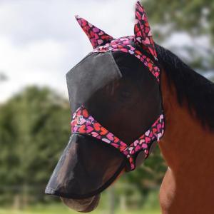 Harrison Howard Pro LumiVista Horse Full Face Fly Mask Large Eye Space Long Nose with Ears UV Protection for Horse Cute Hearts L(Cute Hearts)