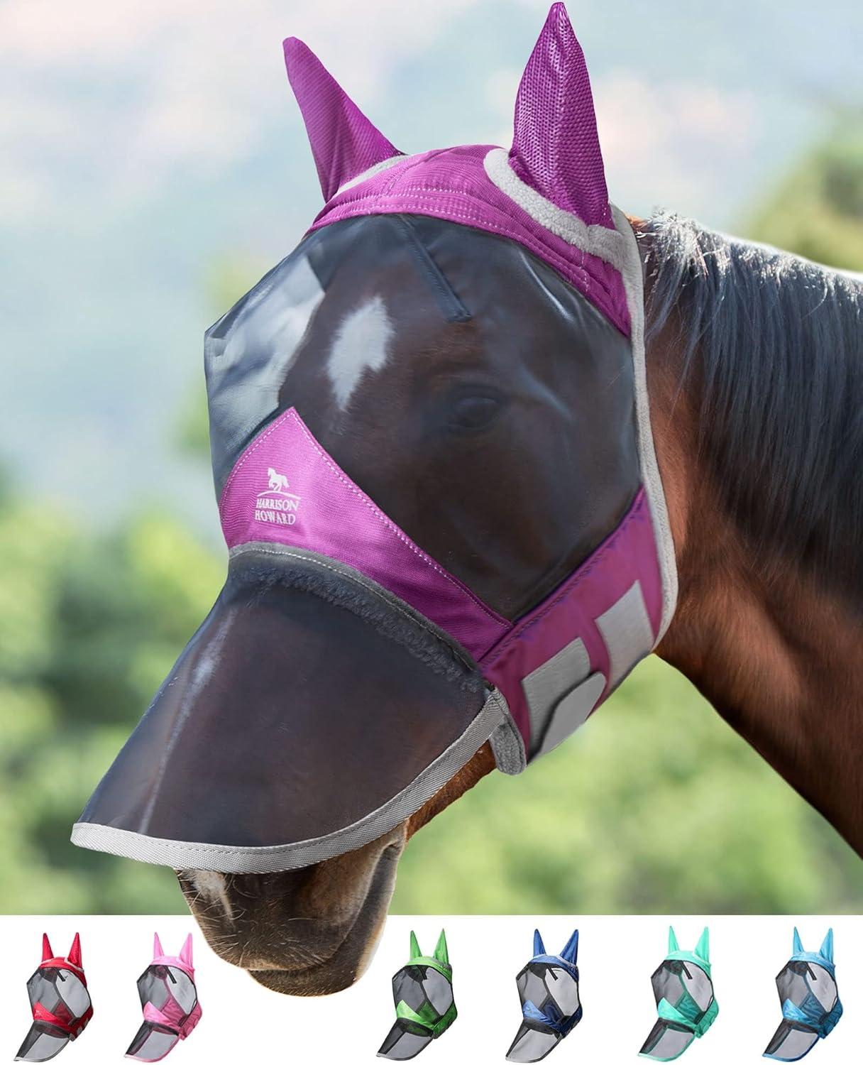 image:imageHarrison Howard Pro Luminous Horse Fly Mask Long Nose with Ears UV Protection for Horse Azure BlueSilver Small PonyDark Magenta