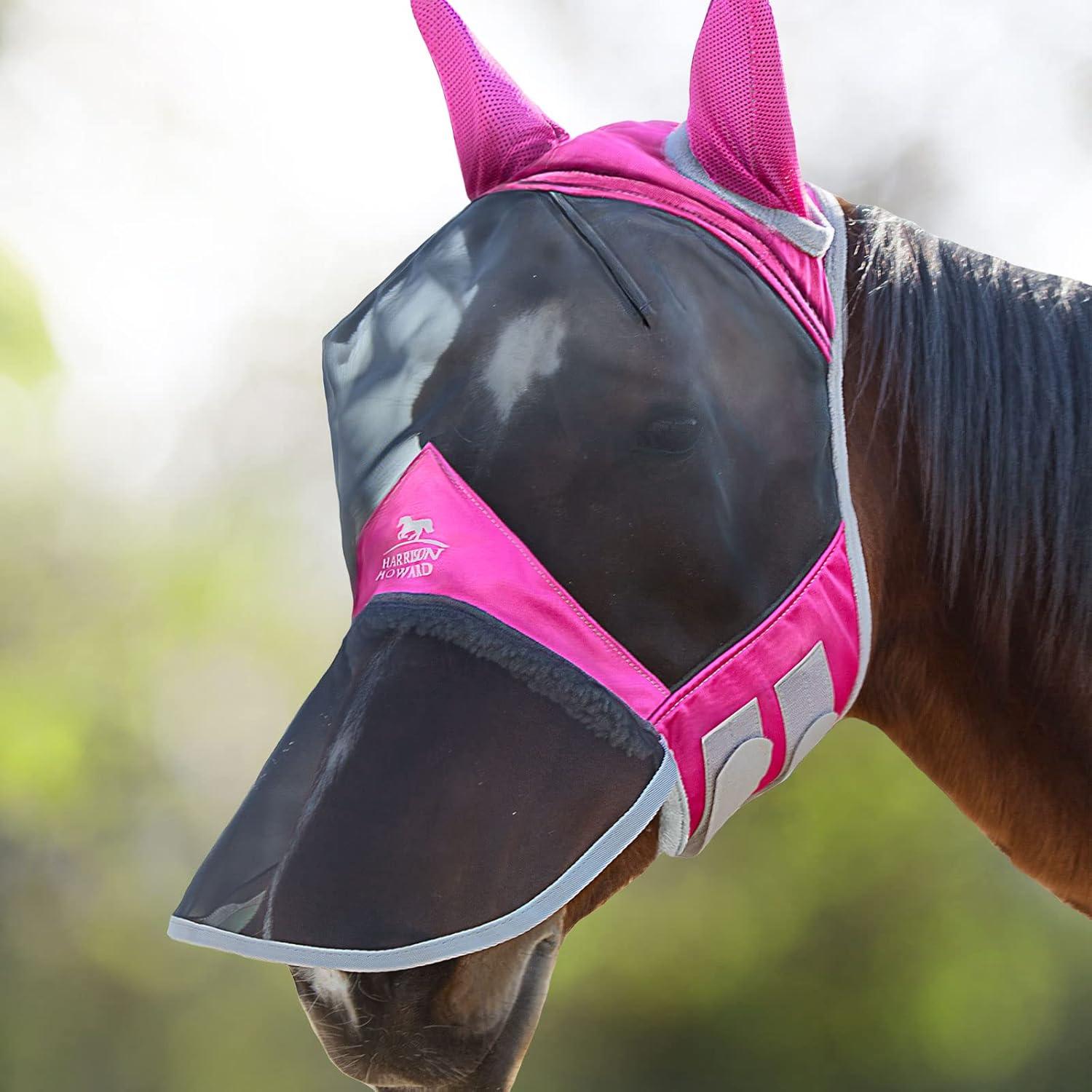 image:imageHarrison Howard Pro Luminous Horse Fly Mask Long Nose with Ears UV Protection for Horse Azure BlueSilver Small PonyFlamingo