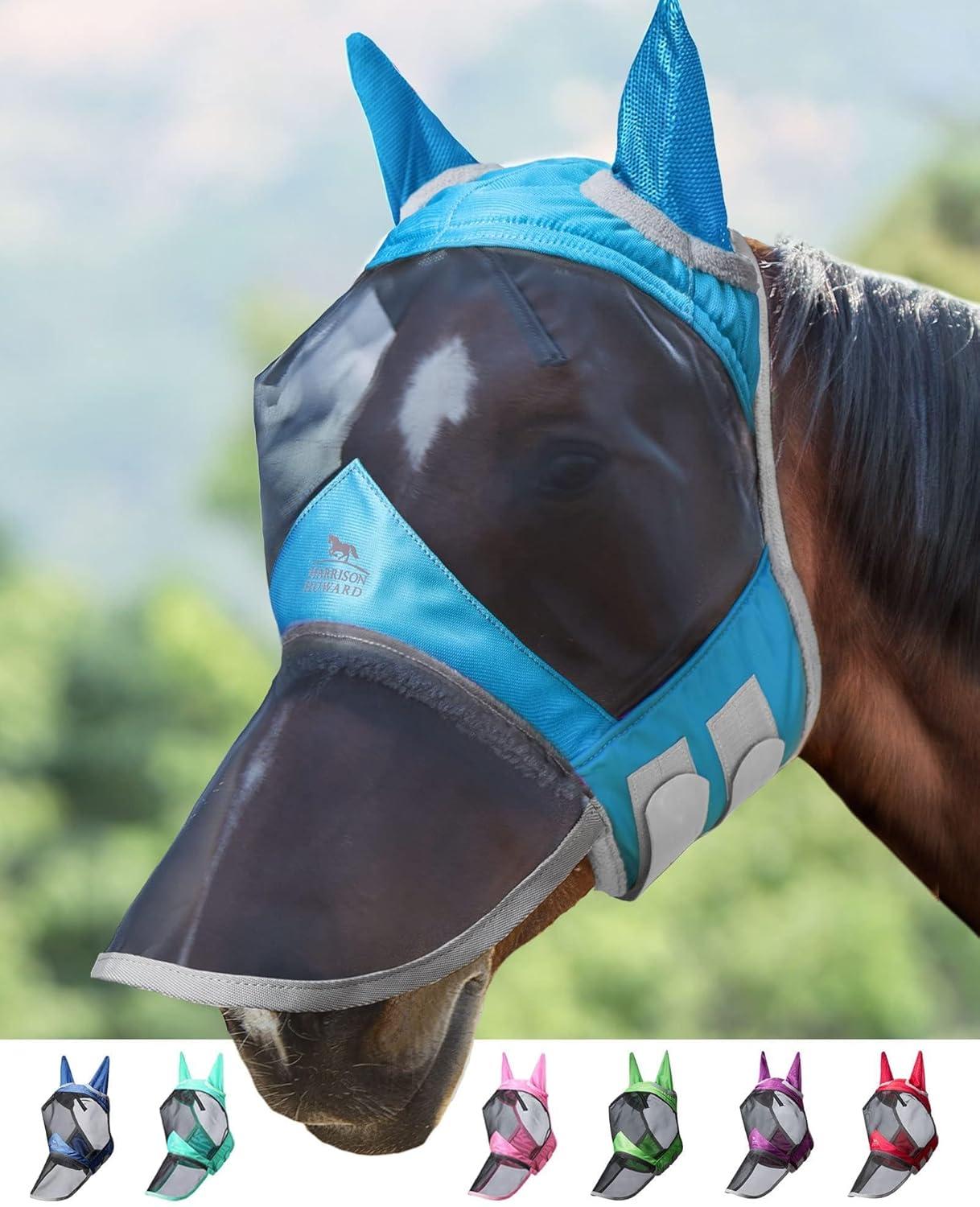 image:imageHarrison Howard Pro Luminous Horse Fly Mask Long Nose with Ears UV Protection for Horse Azure BlueSilver Small PonySky Blue