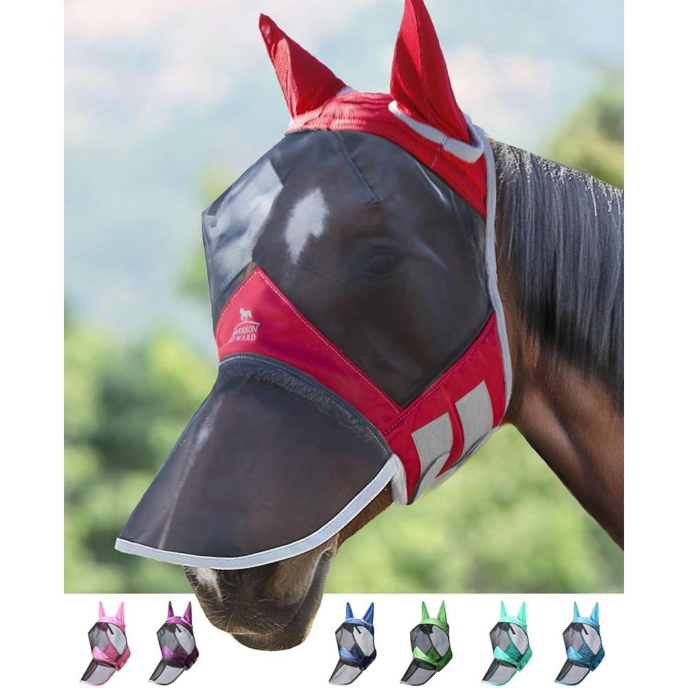 image:imageHarrison Howard Pro Luminous Horse Fly Mask Long Nose with Ears UV Protection for Horse Azure BlueSilver Small PonyRed