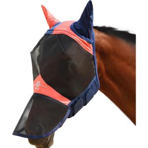 Harrison Howard Pro Luminous Horse Fly Mask Long Nose with Ears UV Protection for Horse Azure Blue/Silver Small Pony(Coral Orange/Navy)
