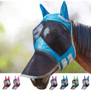 Harrison Howard Pro Luminous Horse Fly Mask Long Nose with Ears UV Protection for Horse Azure Blue/Silver Small Pony(Voodoo Blue)