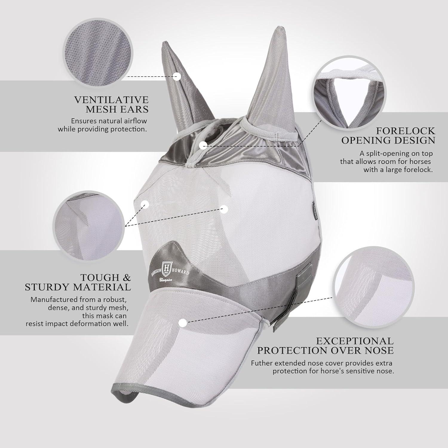 image:imageHarrison Howard Full Face Horse Fly Mask UV Protection and Breathable for Equine Use Comfortable Magenta XSGrey