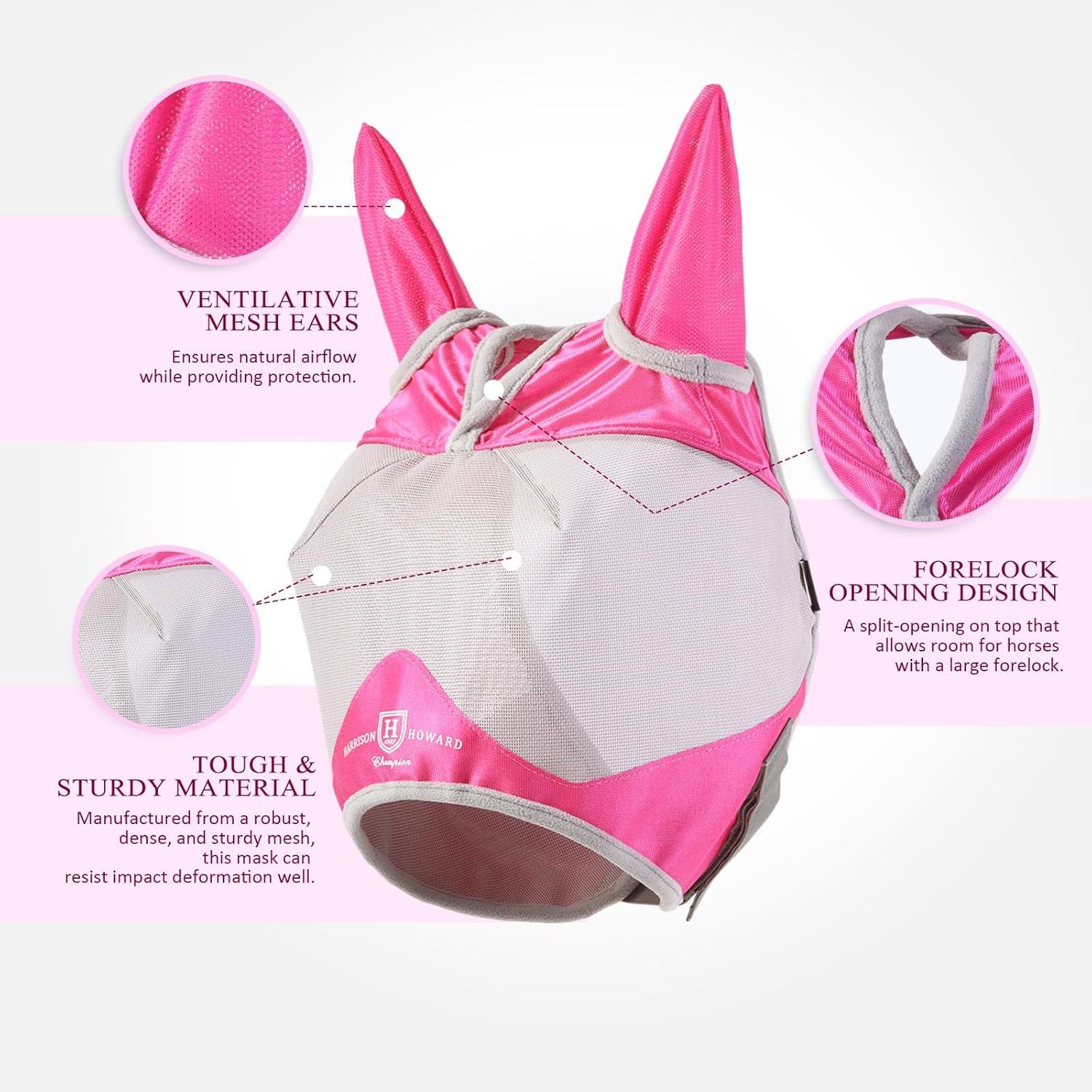 image:imageHarrison Howard Half Face Horse Fly Mask UV Protection and Breathable for Equine Use Comfortable Mint MMagenta