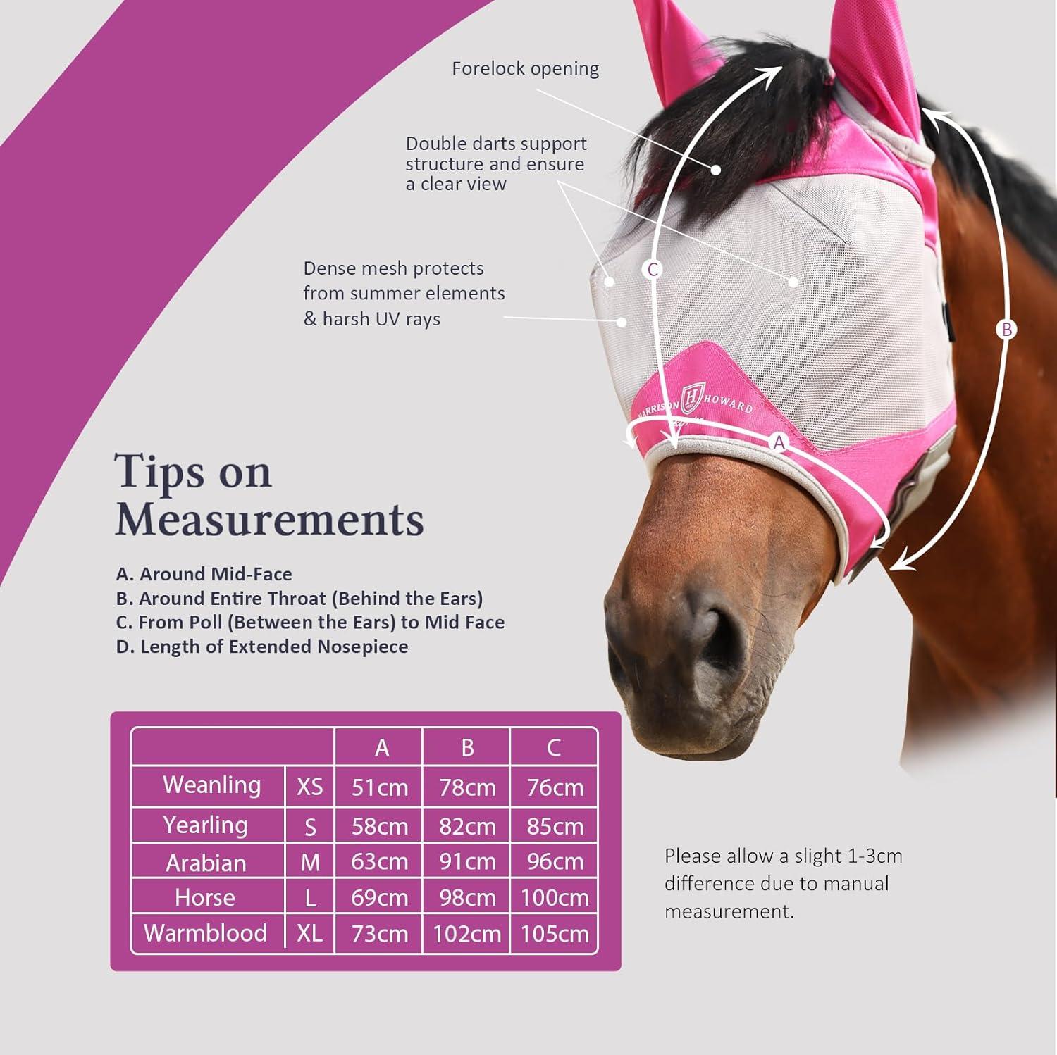 image:imageHarrison Howard Half Face Horse Fly Mask UV Protection and Breathable for Equine Use Comfortable Mint MMagenta