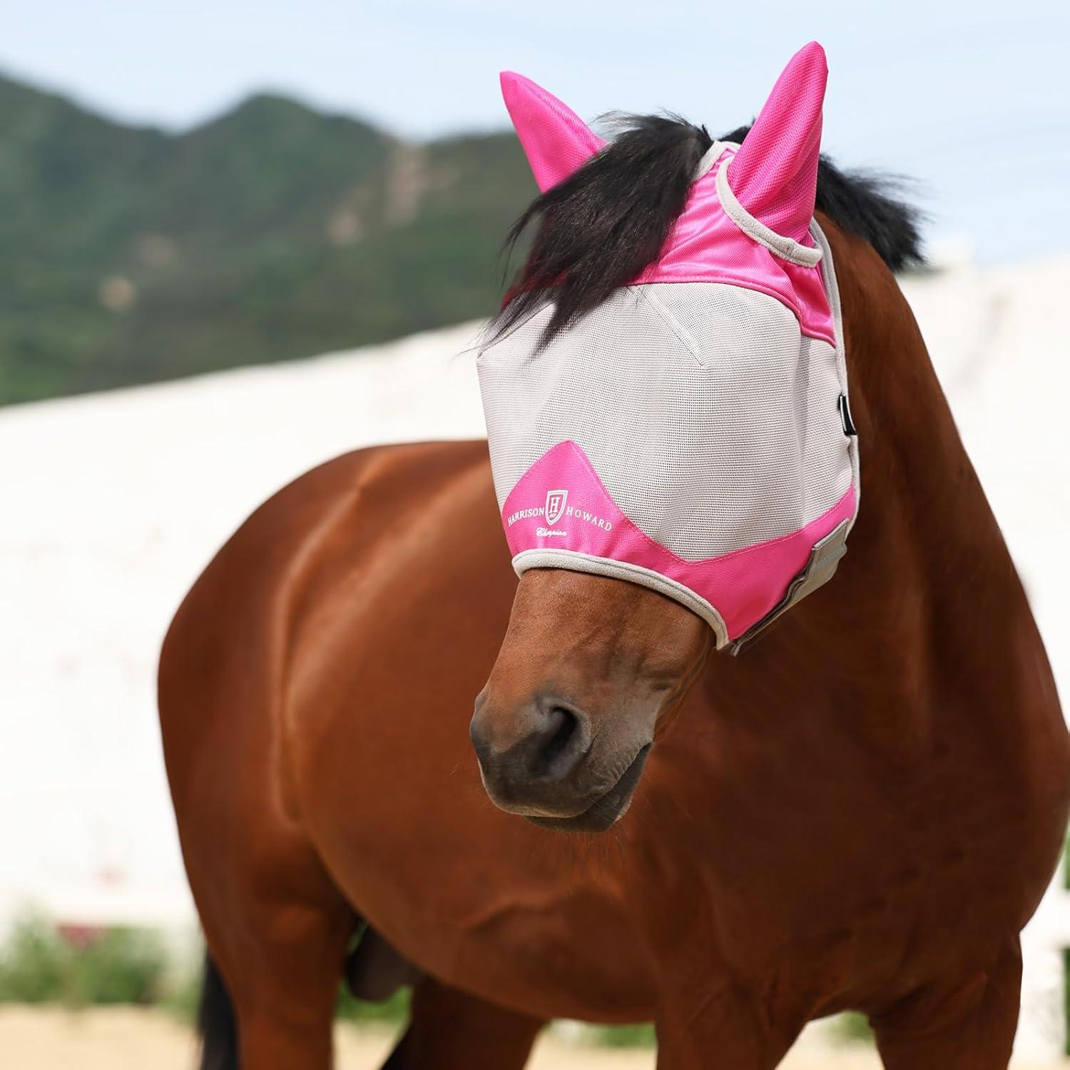 image:imageHarrison Howard Half Face Horse Fly Mask UV Protection and Breathable for Equine Use Comfortable Mint MMagenta